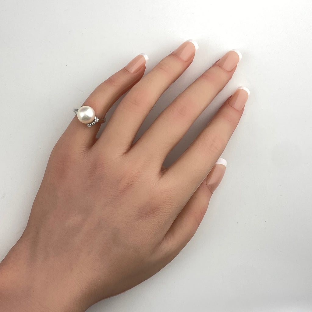 パール デザインリング プラチナ 指輪 メレダイヤ リング 9号 Pt900 パール ダイヤモンド レディース 【中古】nbjwl
