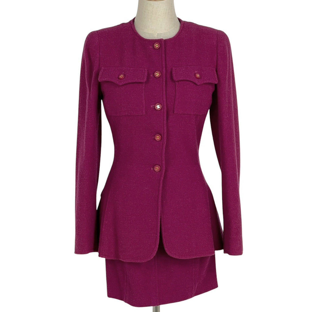 シャネル ココマークボタン セットアップ ミニスカート ノーカラー セットアップ スカートスーツ ウール ナイロン パープル レディース 【中古】brapp