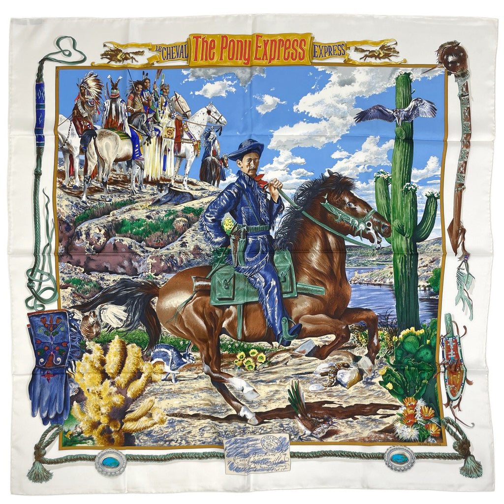 エルメス カレ 90 THE PONY EXPRESS 郵便社 馬 スカーフ シルク ホワイト マルチカラー レディース 【中古】brbag