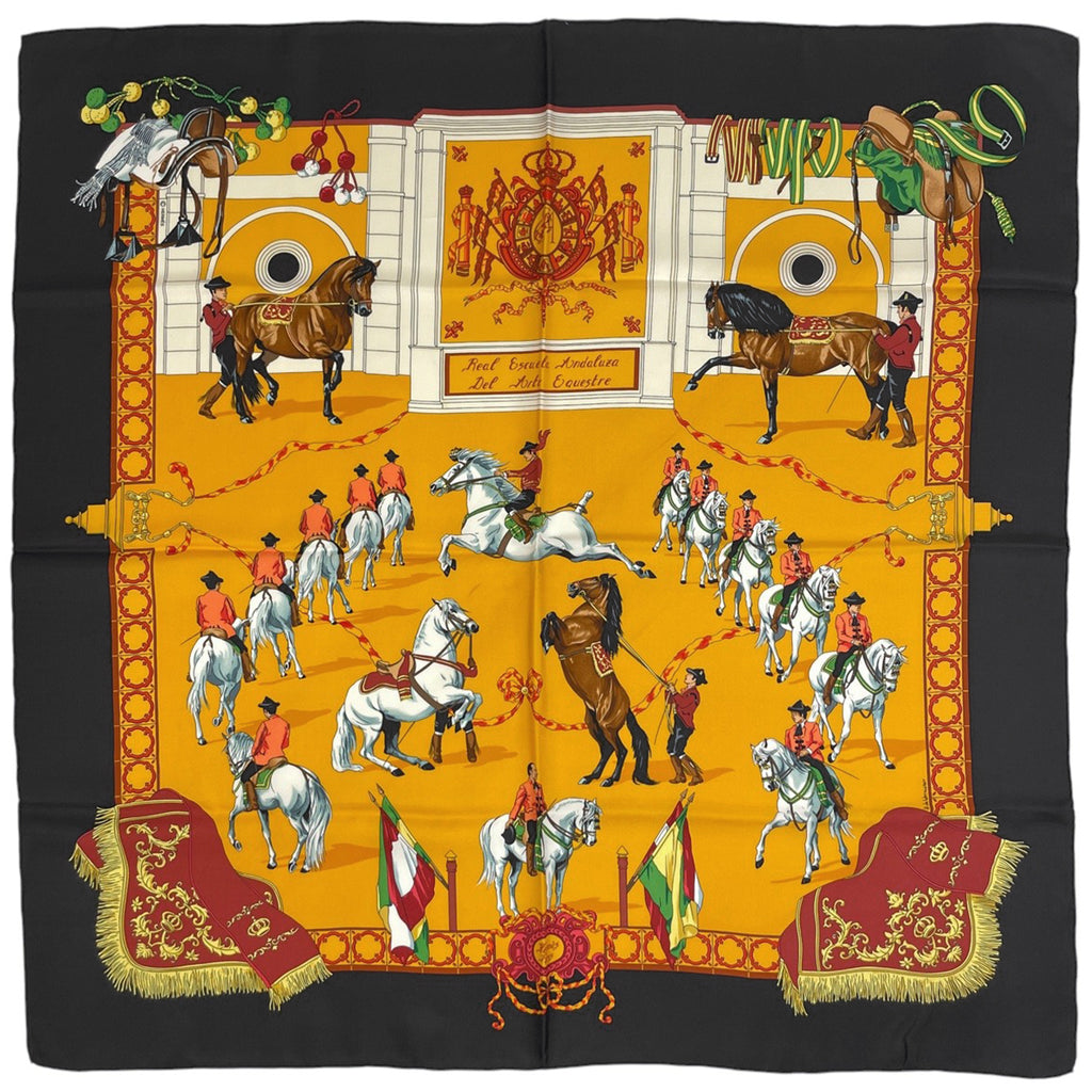 エルメス カレ 90 Real Escuela Andaluza Del Arte Ecuestre 王立アンダルシア馬術学校 スカーフ シルク ブラック オレンジ マルチカラー レディース 【中古】brbag