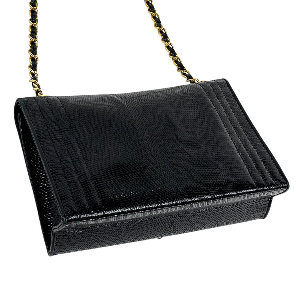 シャネル ココマーク チェーン ショルダーバッグ リザード ブラック レディース 【中古】brbag