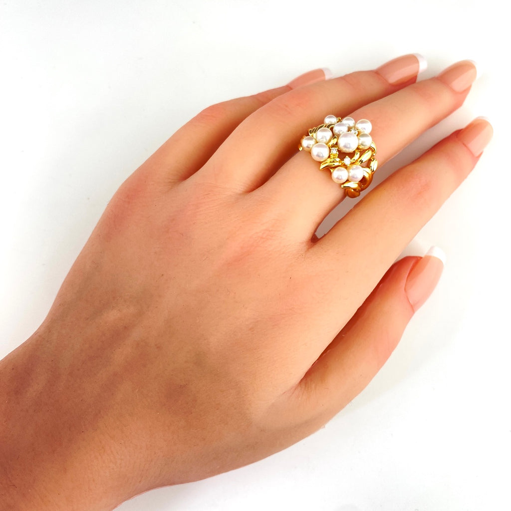 タサキ パール デザインリング YG イエローゴールド 真珠 メレダイヤ リング 11.5号 K18 パール ダイヤモンド レディース 【中古】brjwl