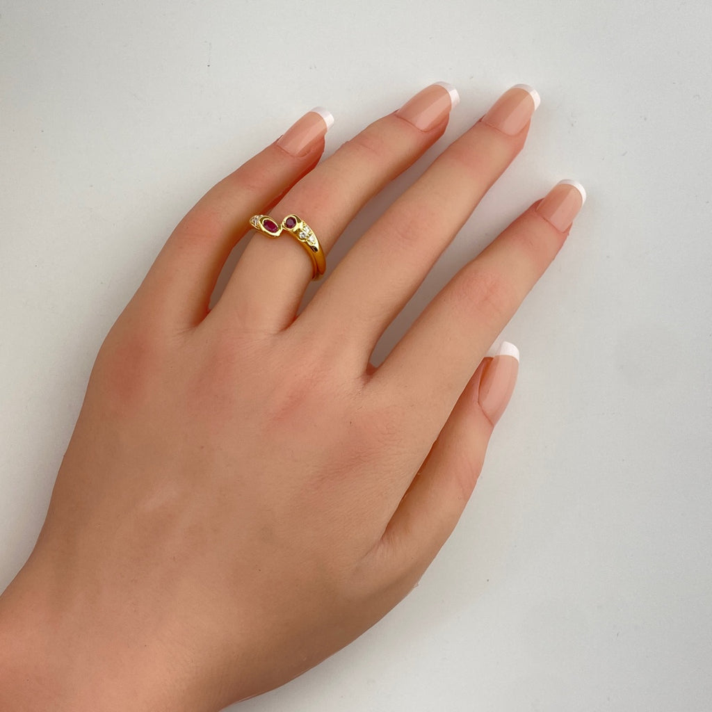 ルビー デザインリング YG イエローゴールド メレダイヤ 指輪 リング 10号 K18 ルビー ダイヤモンド レディース 【中古】nbjwl