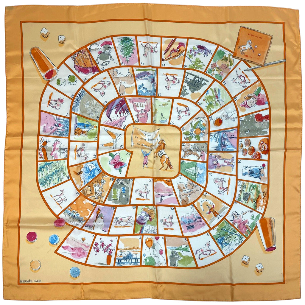 エルメス カレ90 Le jeu des petits bonheurs 小さな幸せのゲーム スカーフ シルク オレンジ グリーン マルチカラー レディース 【中古】brbag