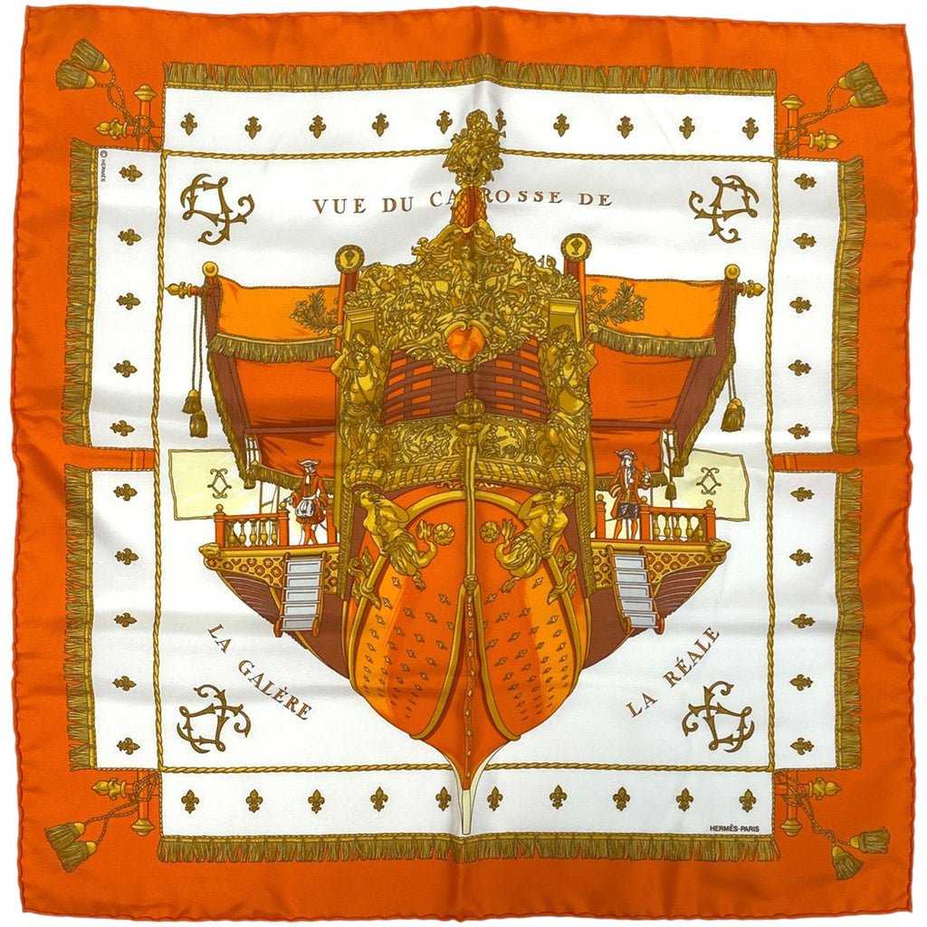 エルメス プチカレ VUE DU CAROSSE DE LA GALERE LA REALE クイーンの戴冠式 スカーフ シルク オレンジ マルチカラー レディース 【中古】brbag