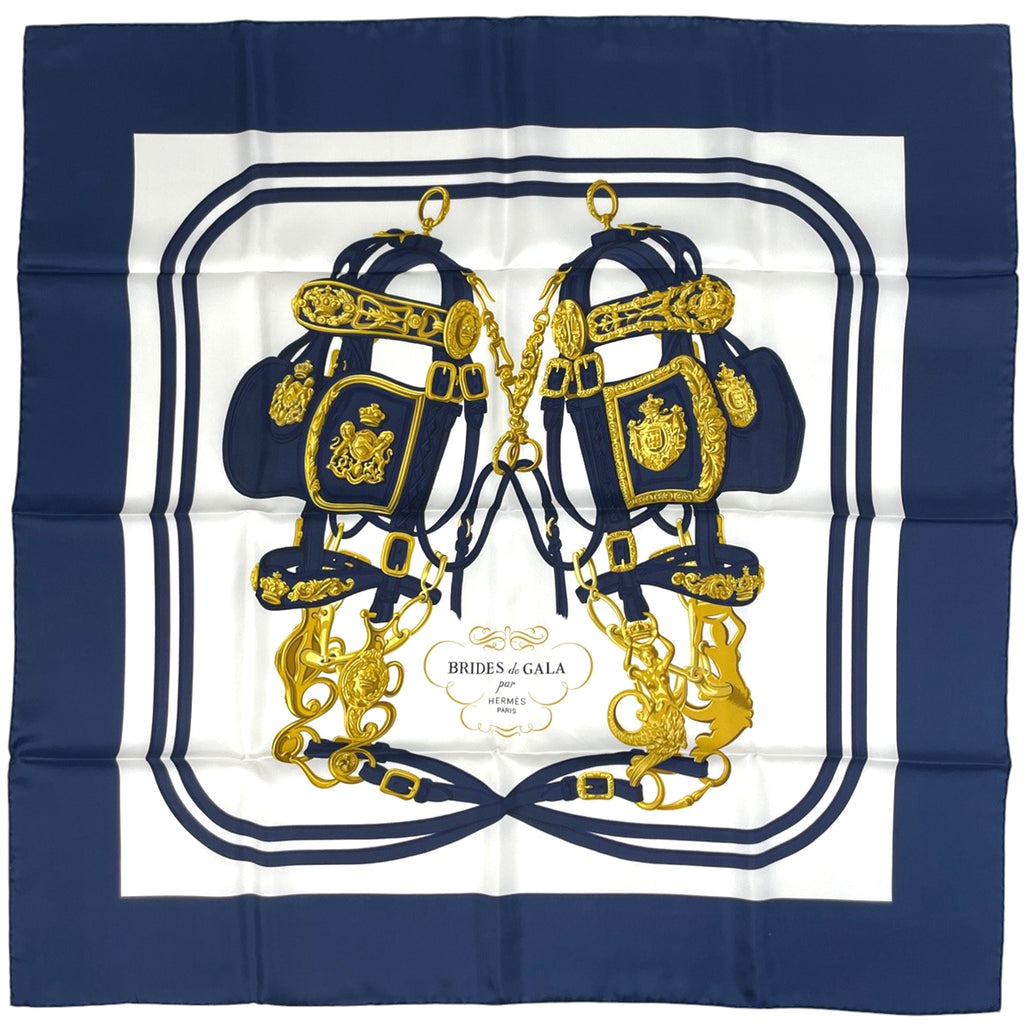エルメス カレ 90 BRIDES de GALA 式典用馬勒 馬具 スカーフ シルク ネイビー マルチカラー レディース 【中古】brbag