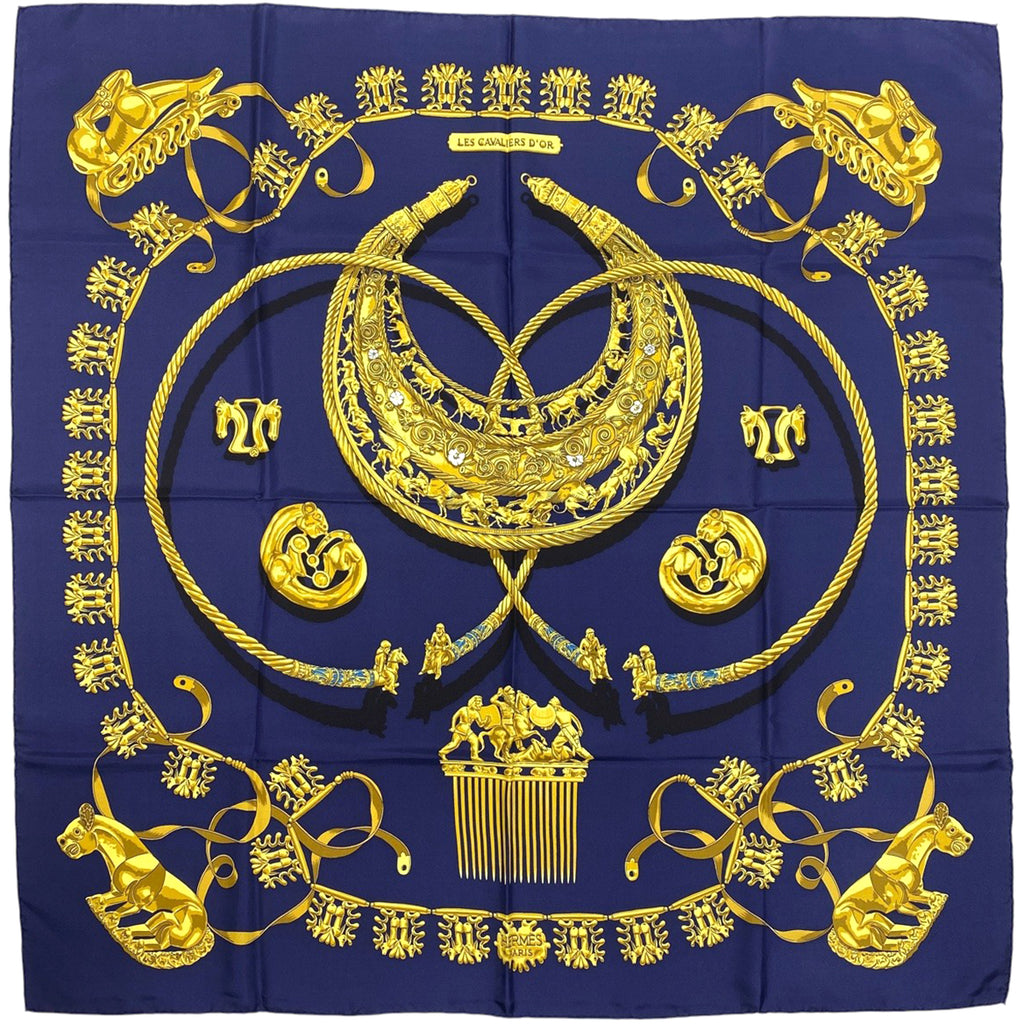 エルメス カレ 90 LES CAVALIERS D'OR 黄金の騎士 スカーフ シルク ネイビー ゴールド レディース 【中古】brbag