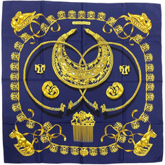 エルメス カレ 90 LES CAVALIERS D'OR 黄金の騎士 スカーフ シルク ネイビー ゴールド レディース 【中古】brbag
