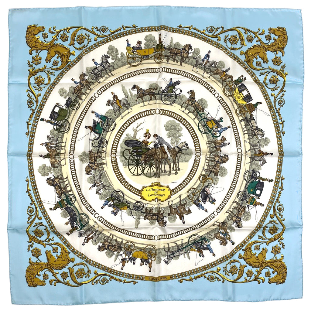 エルメス カレ 90 LA PROMENADE DE LONGCHAMPS ロンシャンへの散歩 馬車 スカーフ シルク ライトブルー マルチカラー レディース 【中古】brbag