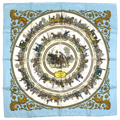 エルメス カレ 90 LA PROMENADE DE LONGCHAMPS ロンシャンへの散歩 馬車 スカーフ シルク ライトブルー マルチカラー レディース 【中古】brbag