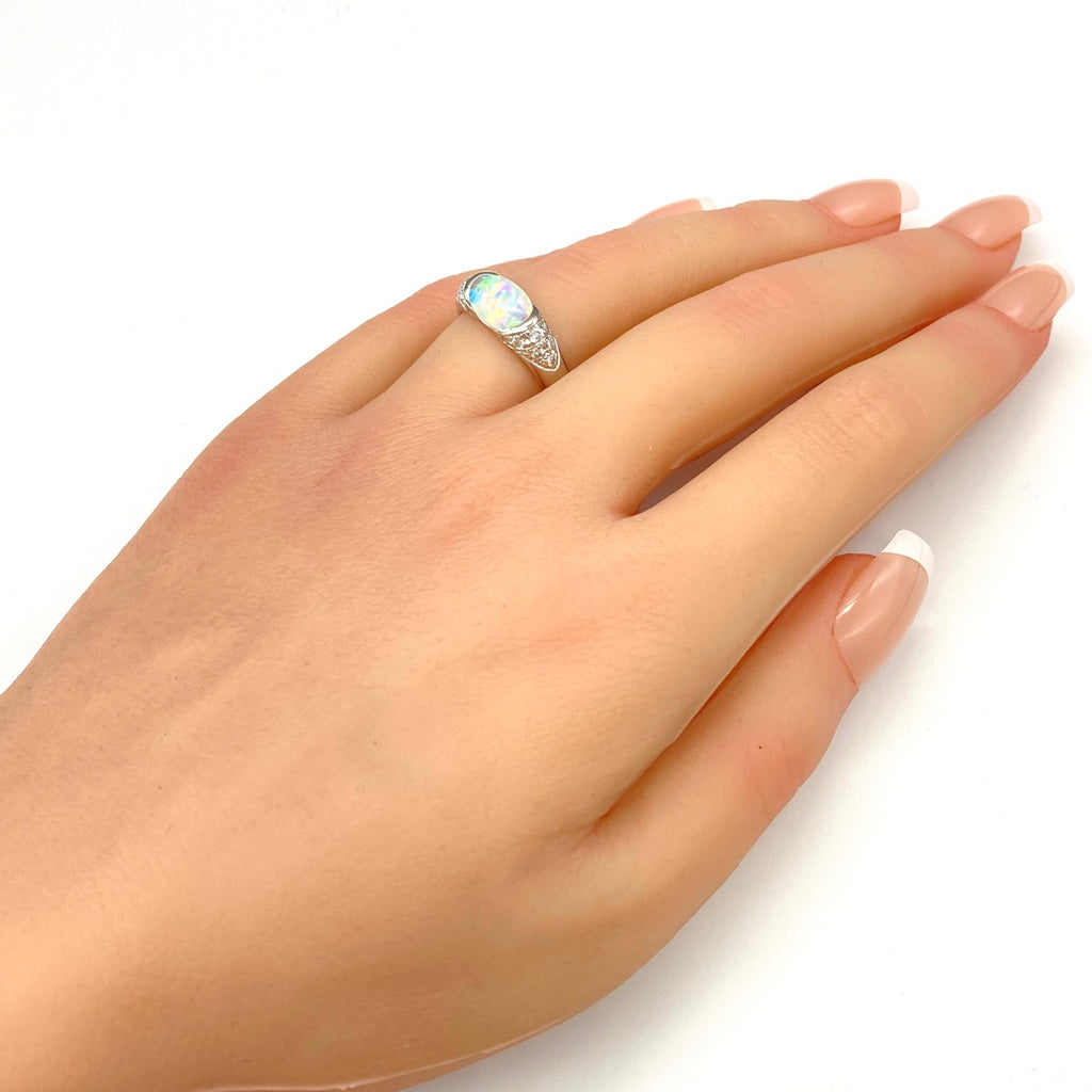 オパール デザインリング プラチナ 指輪 メレダイヤ リング 13号 Pt900 オパール ダイヤモンド レディース 【中古】nbjwl