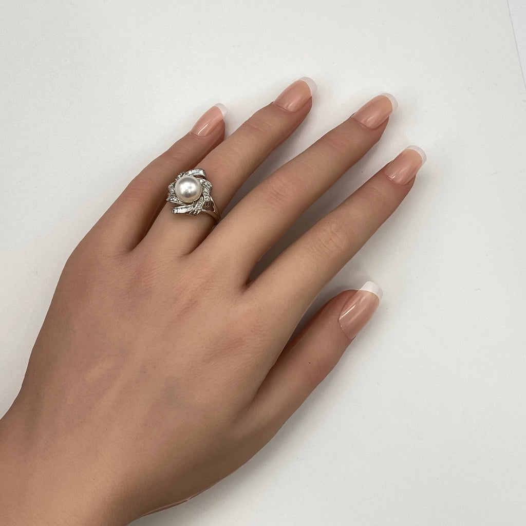 パール デザインリング プラチナ 指輪 メレダイヤ 真珠 リング 12号 Pt900 パール ダイヤモンド レディース 【中古】nbjwl