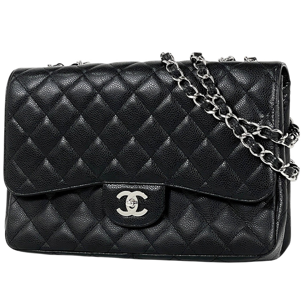 シャネル デカ マトラッセ シングルフラップ チェーン ショルダーバッグ ココマーク Ｗチェーン ショルダーバッグ キャビアスキン ブラック レディース 【中古】brbag