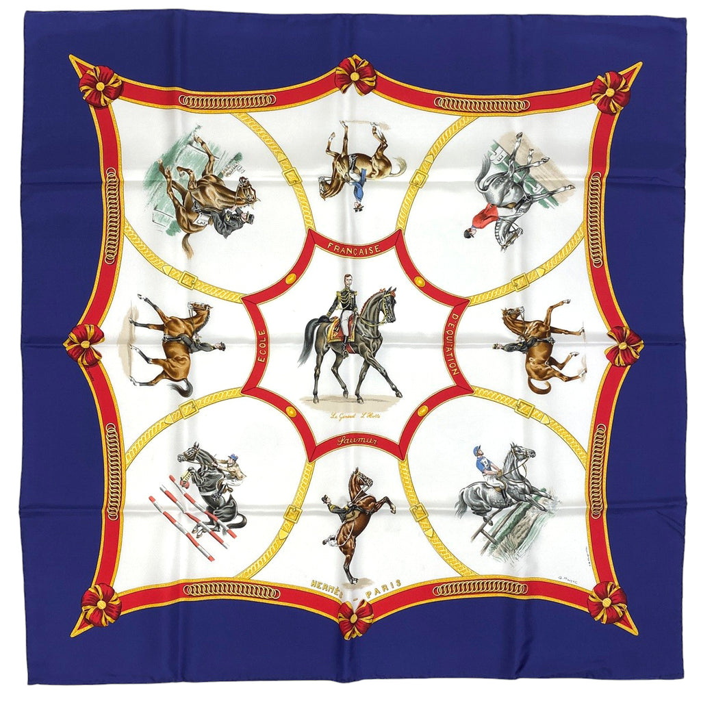 エルメス カレ 90 ECOLE FRANCAISE D'EQUITATION フランス国立乗馬学校 スカーフ シルク ネイビー マルチカラー レディース 【中古】brbag