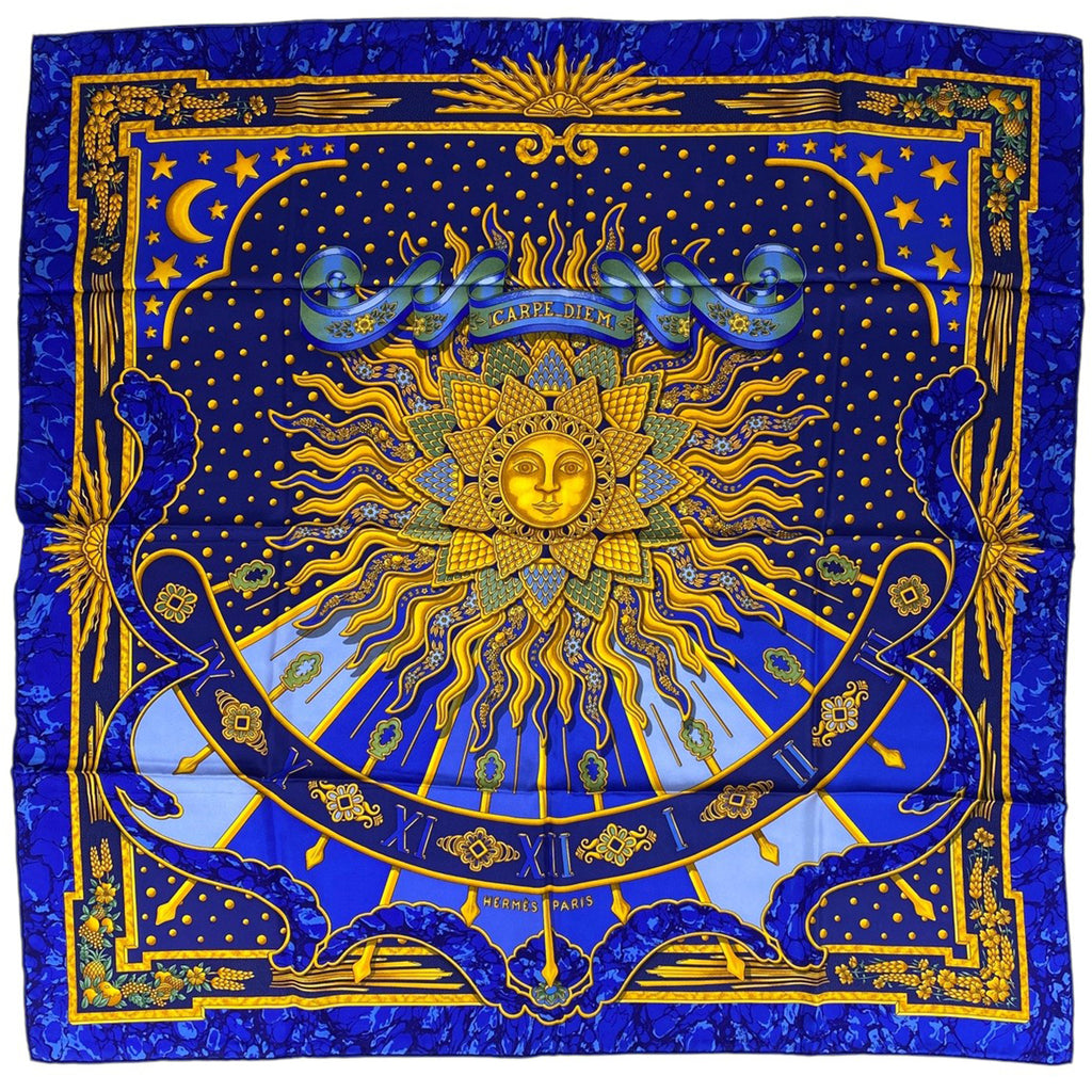 エルメス カレ 90 CARPE DIEM 今日一日を楽しむ 太陽 月 星 スカーフ スカーフ シルク ブルー レディース 【中古】brbag