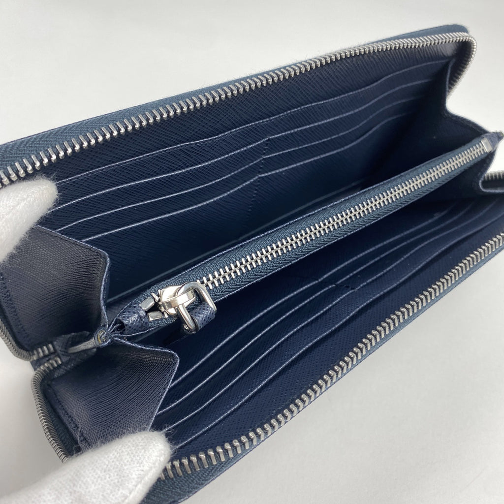 プラダ ロゴ ラウンドファスナー 長財布 ラウンドジップ 長財布 サフィアーノレザー ネイビー　 レディース 【中古】brbag
