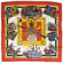 エルメス カレ 90 THE ORIGINAL NEW ORLEANS CREOLE JAZZ 1923 楽器 馬 船 スカーフ シルク オレンジ マルチカラー レディース 【中古】brbag