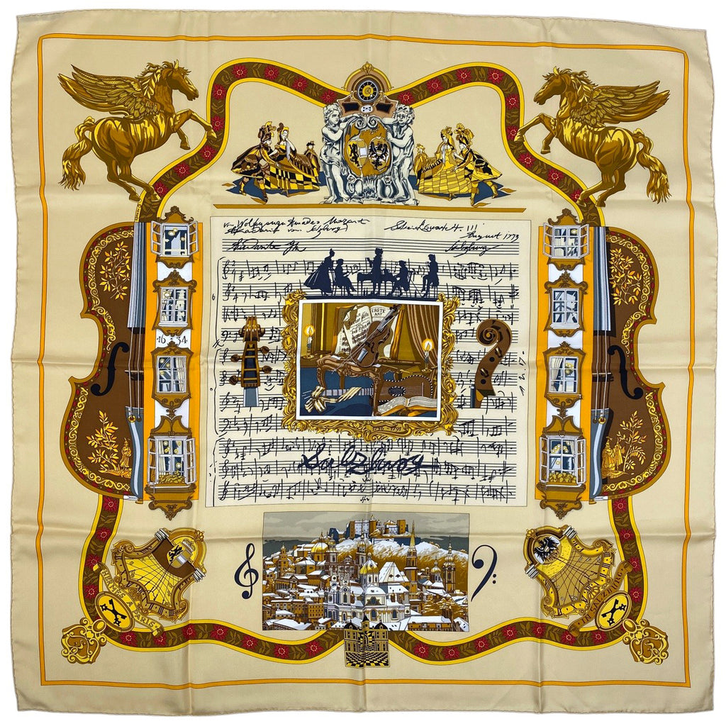 【美品】エルメス カレ90《ザルツブルグにて》大判スカーフ 楽譜柄 シルクツイル バイセル公式】エルメス カレ90 IN SALZBURG ザルツブルグにて
