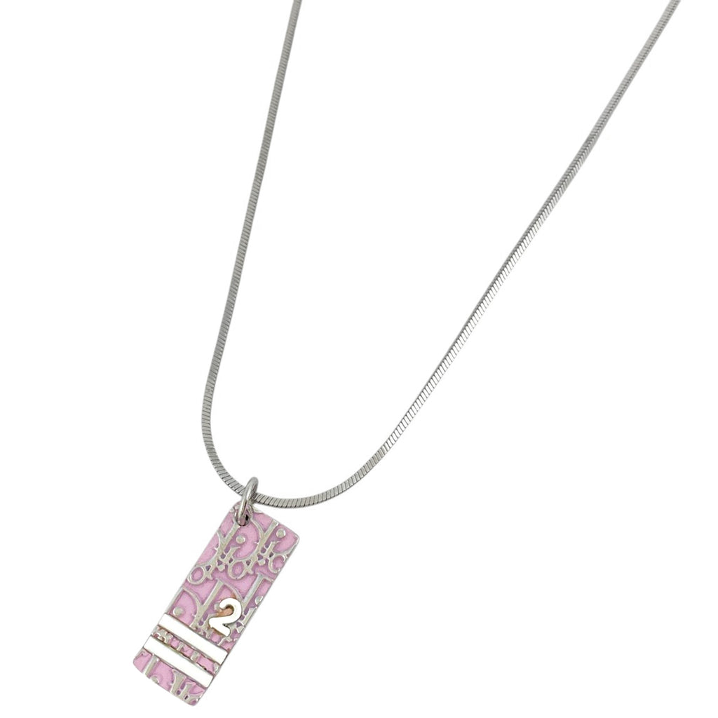 クリスチャンディオール ロゴ プレート ネックレス トロッター柄 ネックレス シルバーメッキ シルバー ピンク レディース 【中古】bracc