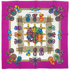 エルメス カレ 90 LES RUBANS DU CHEVAL 馬のリボン  スカーフ シルク ピンク マルチカラー レディース 【中古】brbag