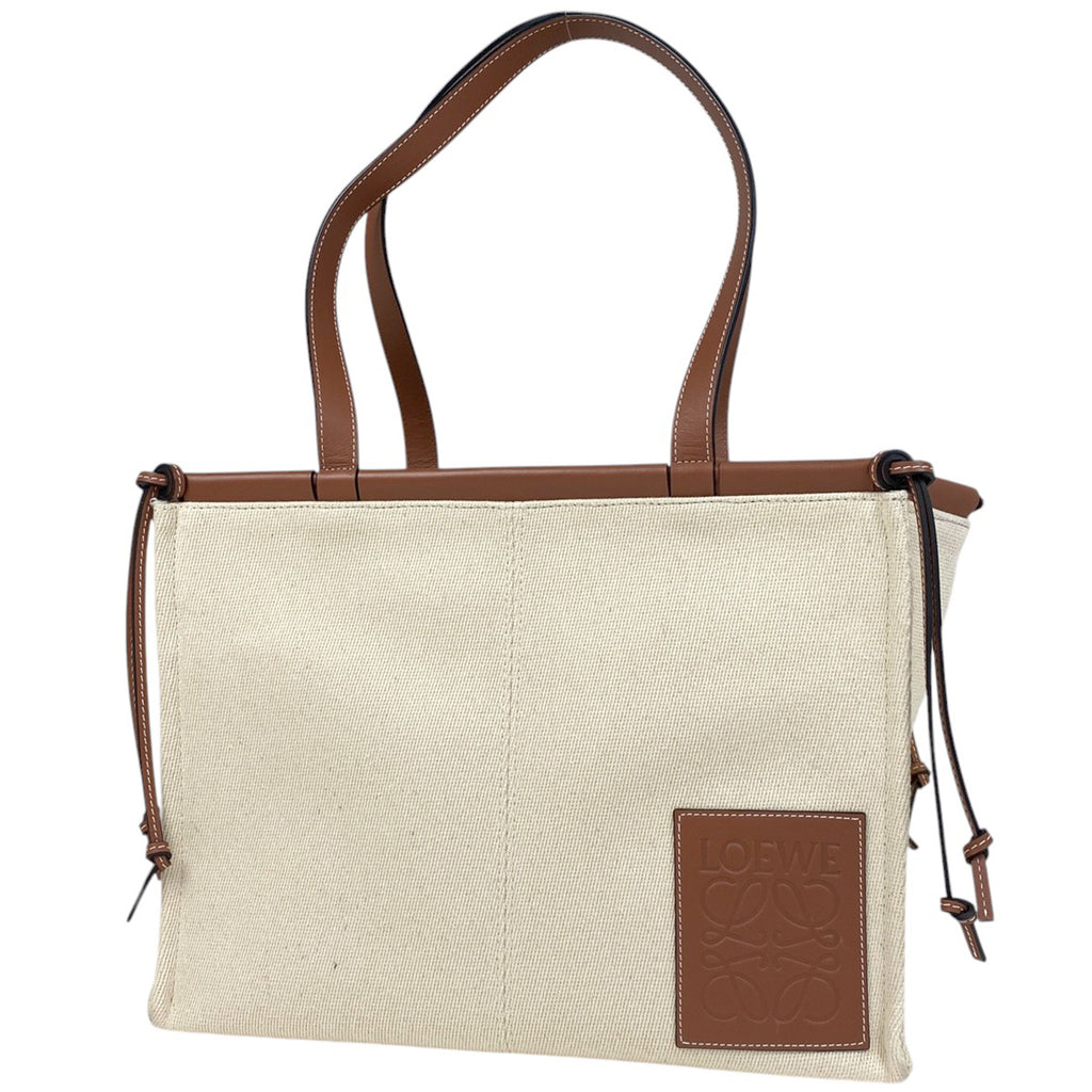 ロエベ クッショントート ラージ ショルダーバッグ アナグラム トートバッグ キャンバス ホワイト レディース 【中古】brbag