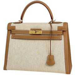 エルメス ケリー 32 外縫い 2WAY ショルダーバッグ  ハンドバッグ トワルアッシュ ナチュラル ブラウン □H レディース 【中古】brbag