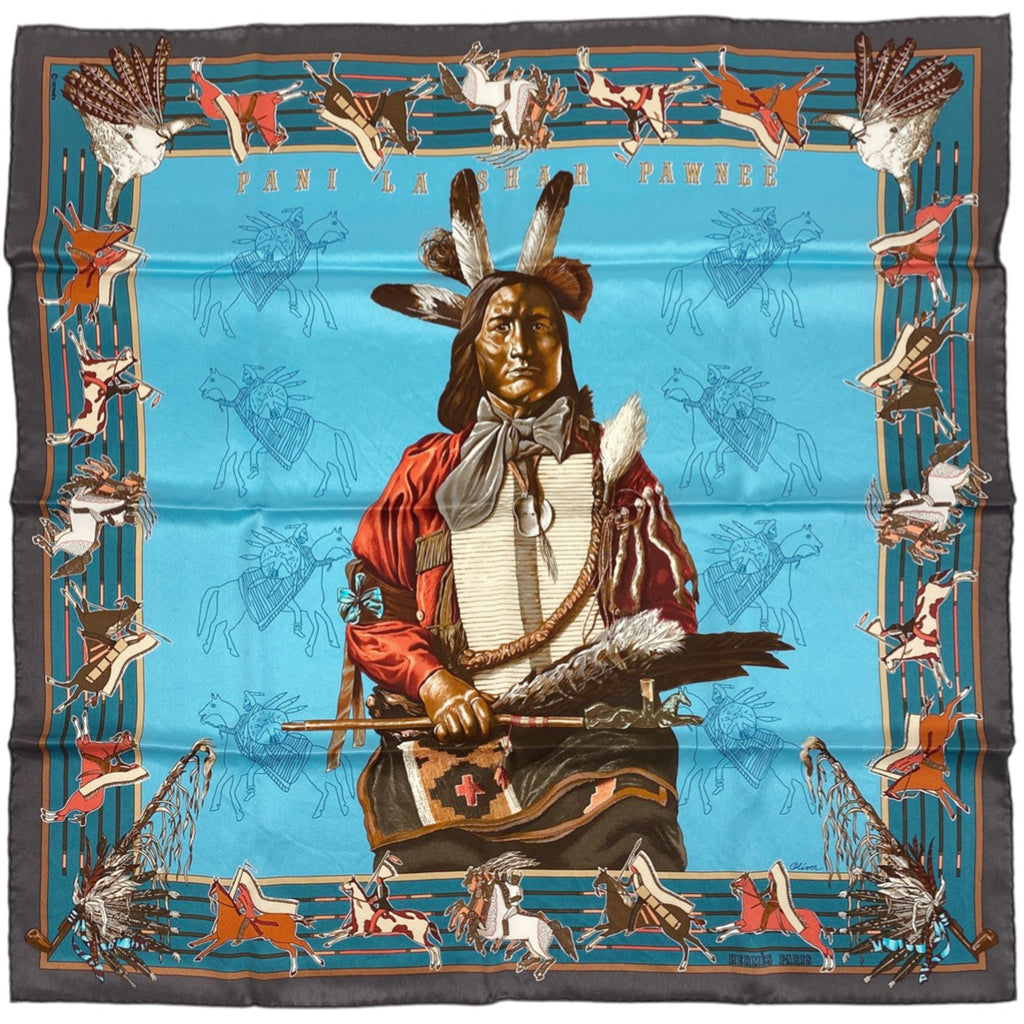 エルメス カレ 70 PANI LA SHAR PAWNEE パウニー族の首長 スカーフ シルク ライトブルー マルチカラー レディース 【中古】brapp