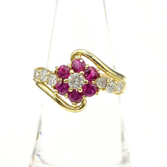 フラワーモチーフ デザインリング YG イエローゴールド 指輪 メレダイヤ 花 リング 13号 K18 ルビー ダイヤモンド レディース 【中古】nbjwl