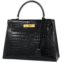 エルメス ケリー 28 外縫い ハンドバッグ クロコダイル ブラック 〇J レディース 【中古】brbag