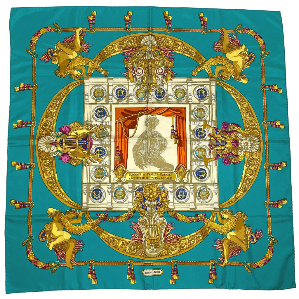 エルメス カレ 90 HOMMAGE A CHARLES GARNIER シャルル ガルニエへの賛辞 スカーフ シルク グリーン マルチカラー レディース 【中古】brbag