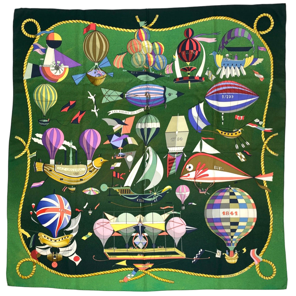 HERMES LES FOLIES DU CIEL 大空の狂気 気球 カレ90 バイセル公式】エルメス カレ 90 LES FOLIES DU CIEL 大空の狂気