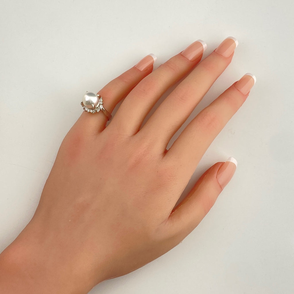 パール デザインリング プラチナ メレダイヤ 指輪 真珠 リング 9.5号 Pt900 パール ダイヤモンド レディース 【中古】nbjwl