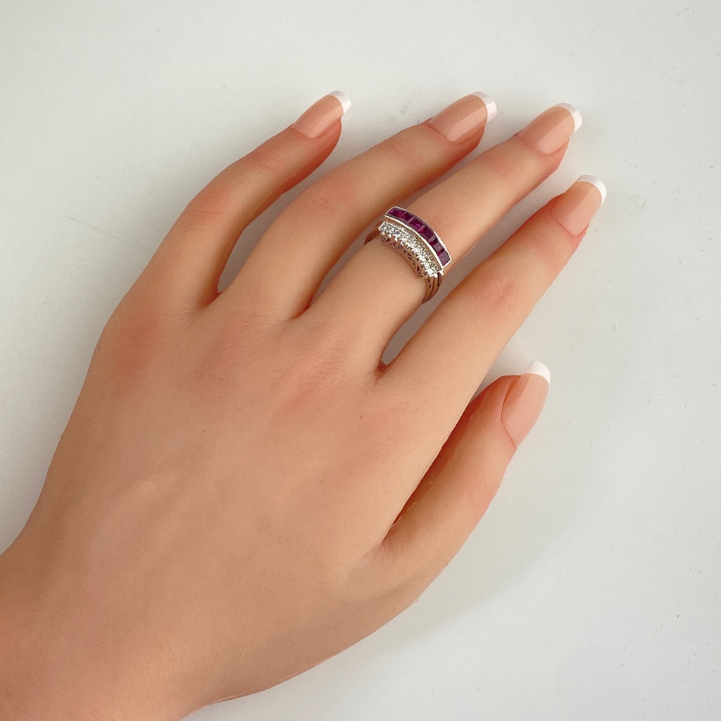 ルビー デザインリング プラチナ 指輪 メレダイヤ リング 13号 Pt900 ルビー ダイヤモンド レディース 【中古】nbjwl