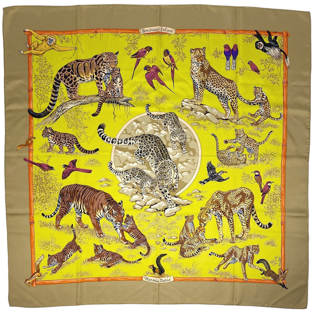エルメス カレ 90 Tendresse Feline 野生の優しさ スカーフ シルク ブラウン イエロー マルチカラー レディース 【中古】brbag