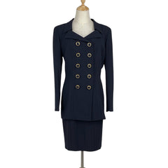 クリスチャンディオール ロゴボタン セットアップスーツ タイトスカート ダブル テーラード セットアップ スカートスーツ 毛 レーヨン ネイビー レディース 【中古】brapp