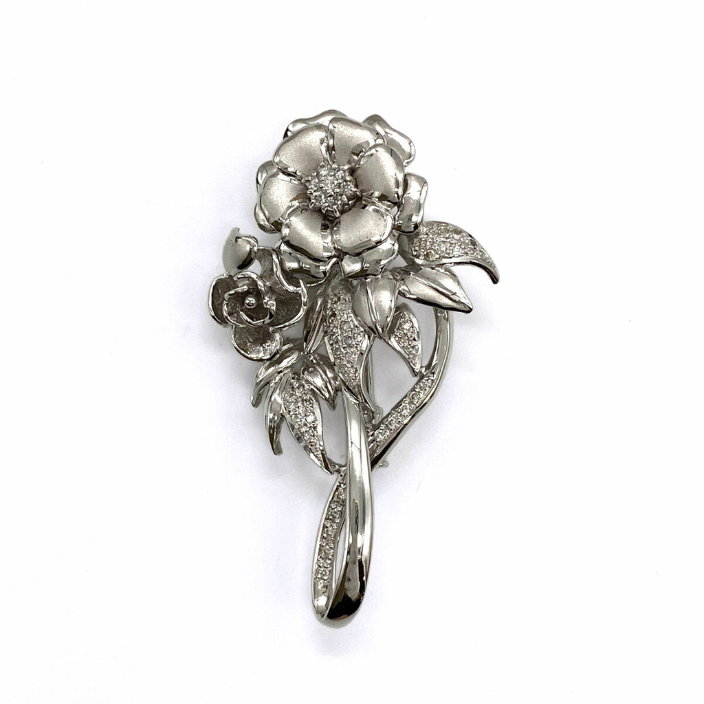 フラワーモチーフ デザインブローチ WG ホワイトゴールド メレダイヤ 花 ダイヤモンド ブローチ K18 K14 WG レディース 【中古】nbjwl
