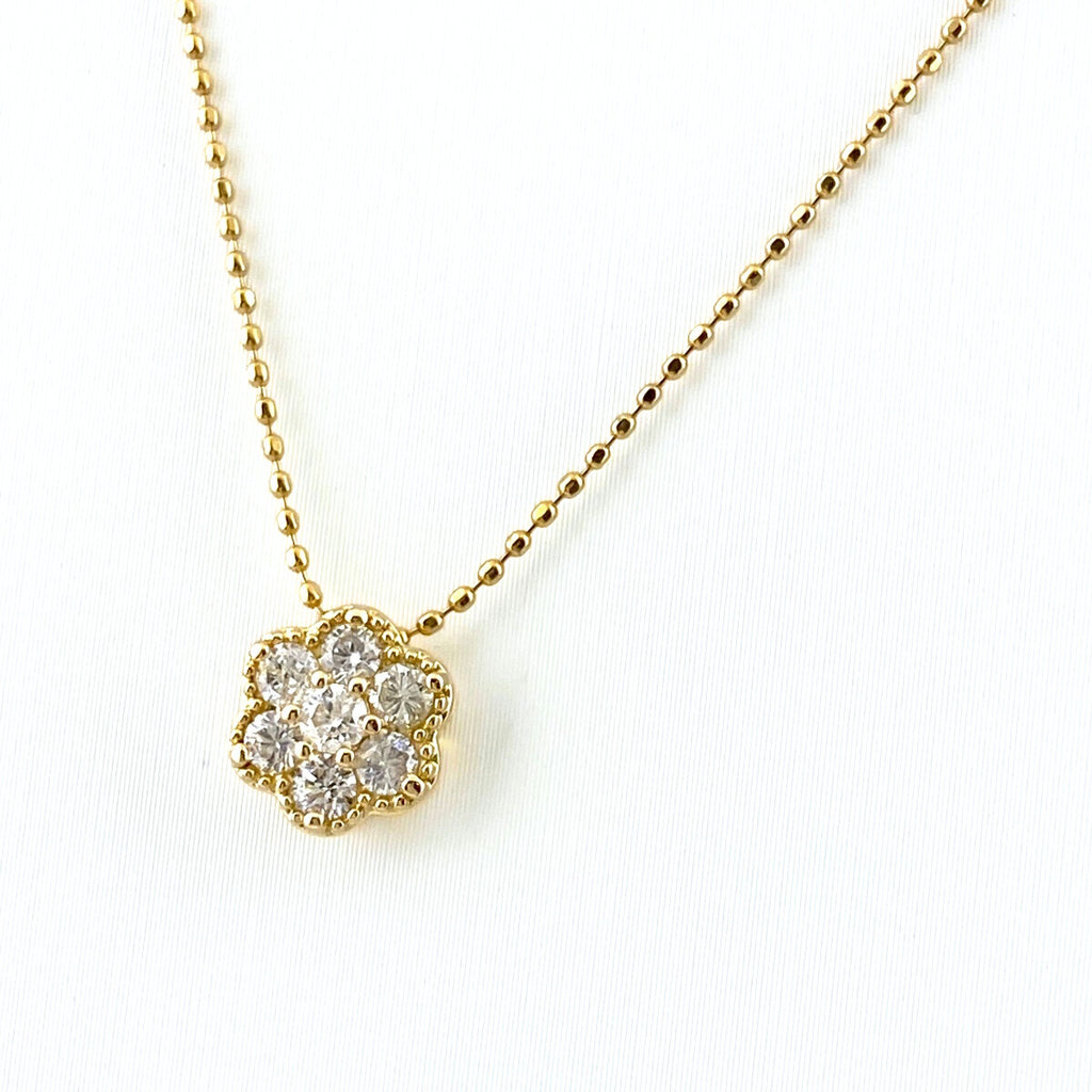 フラワーモチーフ デザインネックレス YG イエローゴールド ペンダント メレダイヤ 花 ネックレス K18 ダイヤモンド レディース 【中古】nbjwl
