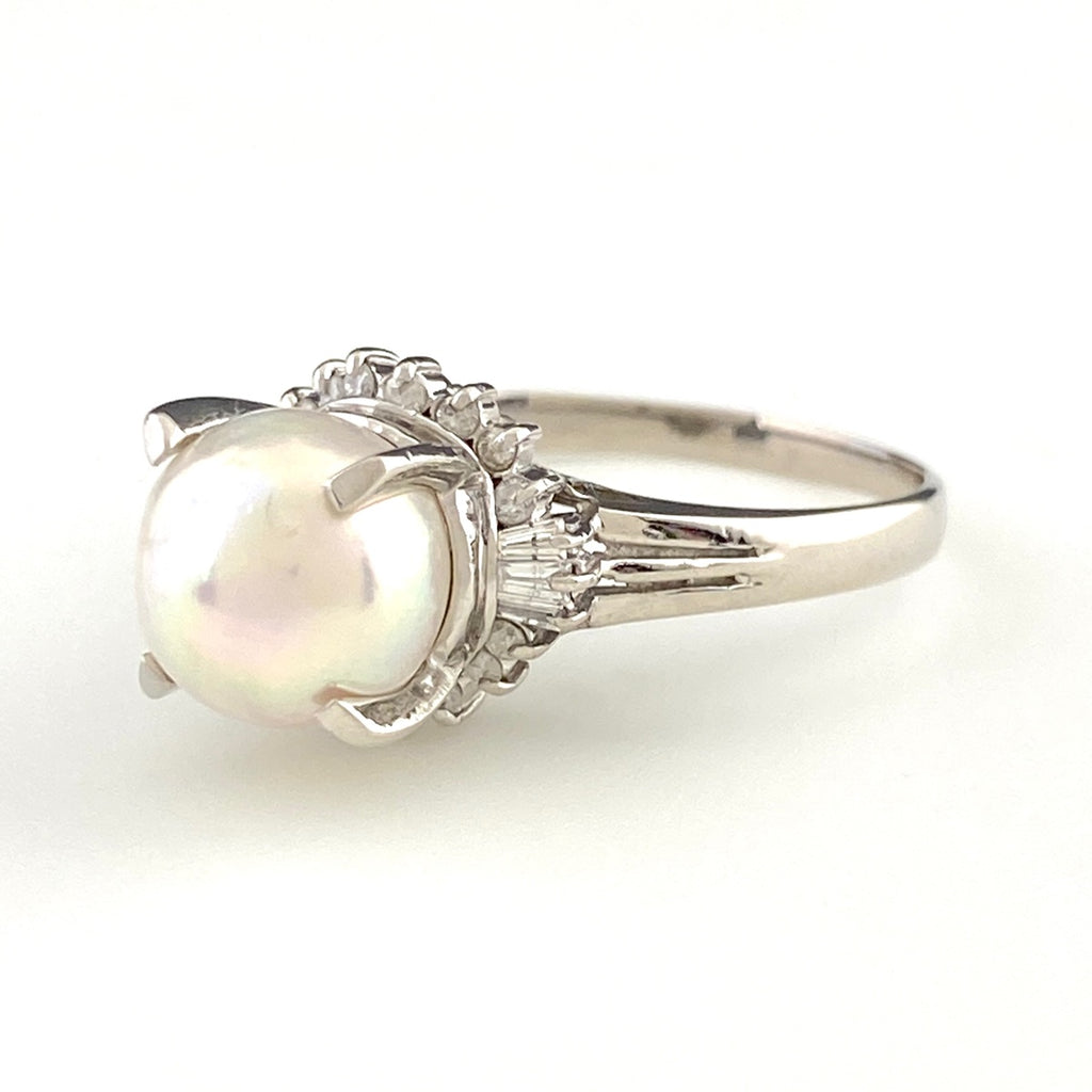 パール デザインリング プラチナ メレダイヤ 指輪 真珠 リング 17号 Pt900 パール ダイヤモンド レディース 【中古】nbjwl