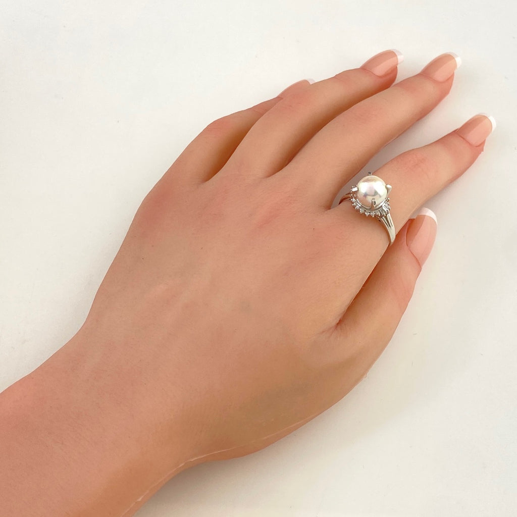 パール デザインリング プラチナ メレダイヤ 指輪 真珠 リング 17号 Pt900 パール ダイヤモンド レディース 【中古】nbjwl