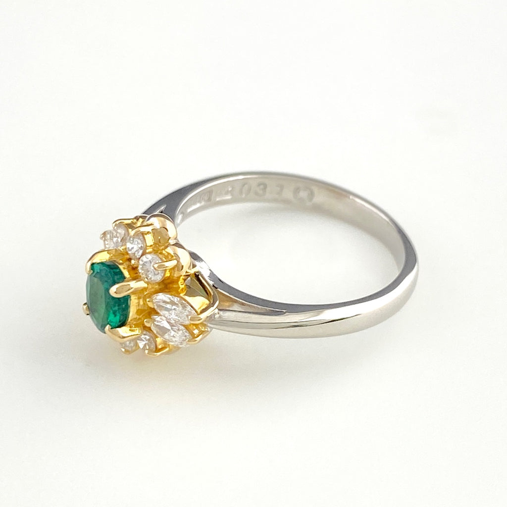 エメラルド デザインリング プラチナ YG イエローゴールド 指輪 メレダイヤ リング 9号 Pt900 エメラルド ダイヤモンド レディース 【中古】nbjwl