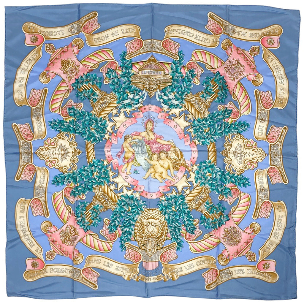 エルメス カレ 90 EUROPE ヨーロッパ スカーフ シルク ライトブルー マルチカラー レディース 【中古】brbag