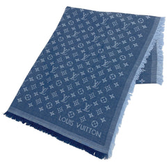 ルイ・ヴィトン ストール モノグラム エッセンシャル マフラー フリンジ ストール コットン ブルー レディース 【中古】brbag
