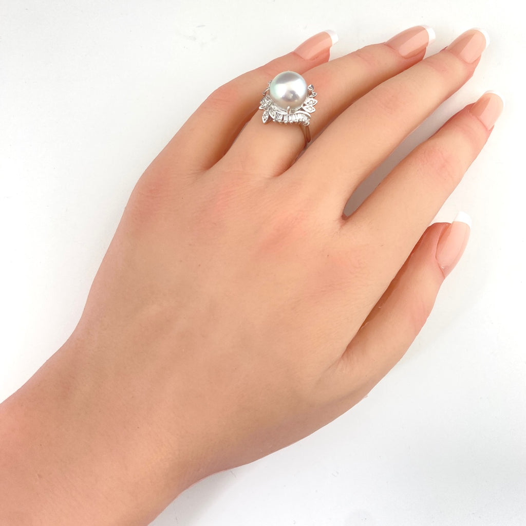 パール デザインリング プラチナ 指輪 メレダイヤ 真珠 リング 11号 Pt900 パール ダイヤモンド レディース 【中古】nbjwl