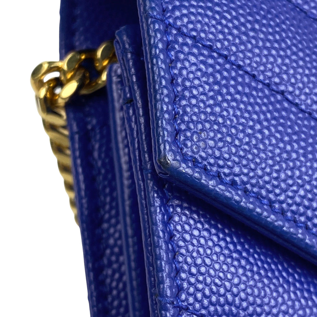 イヴ・サンローラン カサンドラ クラシック チェーン ウォレット 札入れ 小銭入れ ショルダーバッグ レザー ブルー 377828 レディース 【中古】brbag