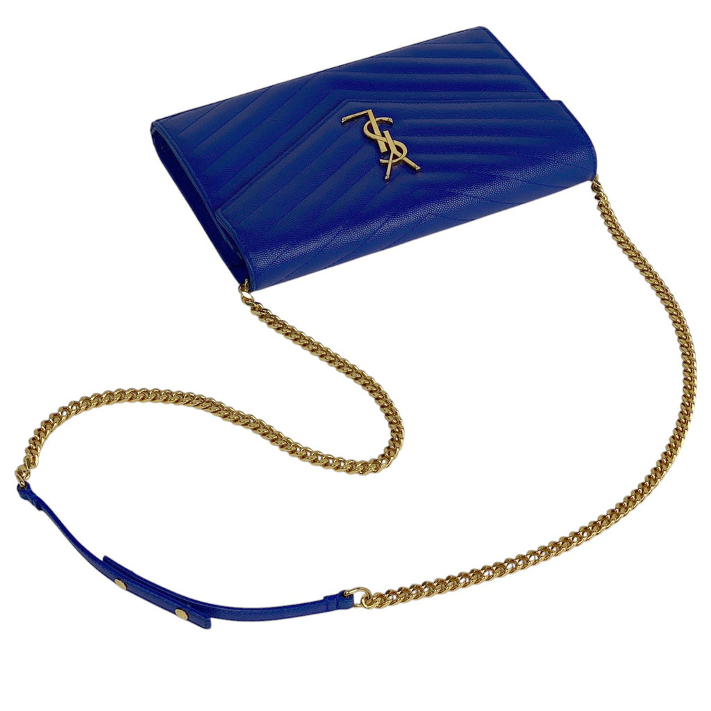 イヴ・サンローラン カサンドラ クラシック チェーン ウォレット 札入れ 小銭入れ ショルダーバッグ レザー ブルー 377828 レディース 【中古】brbag