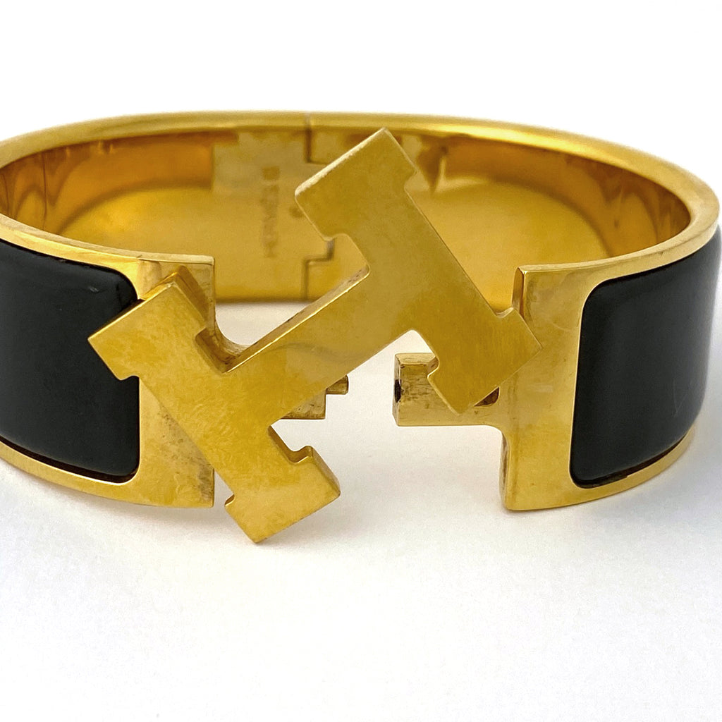 エルメス クリッククラック GM エナメルブレスレット 腕輪 Hロゴ バングル GP ゴールド ブラック レディース 【中古】bracc