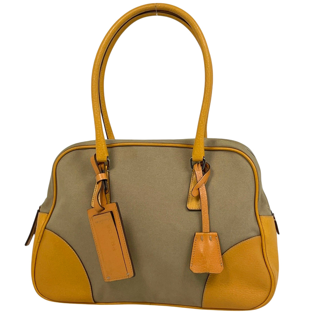プラダ ロゴプレート トートバッグ ショルダーバッグ トートバッグ キャンバス ベージュ イエロー レディース 【中古】brbag