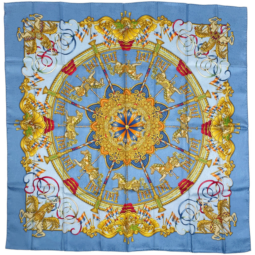 エルメス カレ 90 LUNA PARK 遊園地 馬 回転木馬 メリーゴーランド スカーフ シルク ブルー マルチカラー レディース 【中古】brbag
