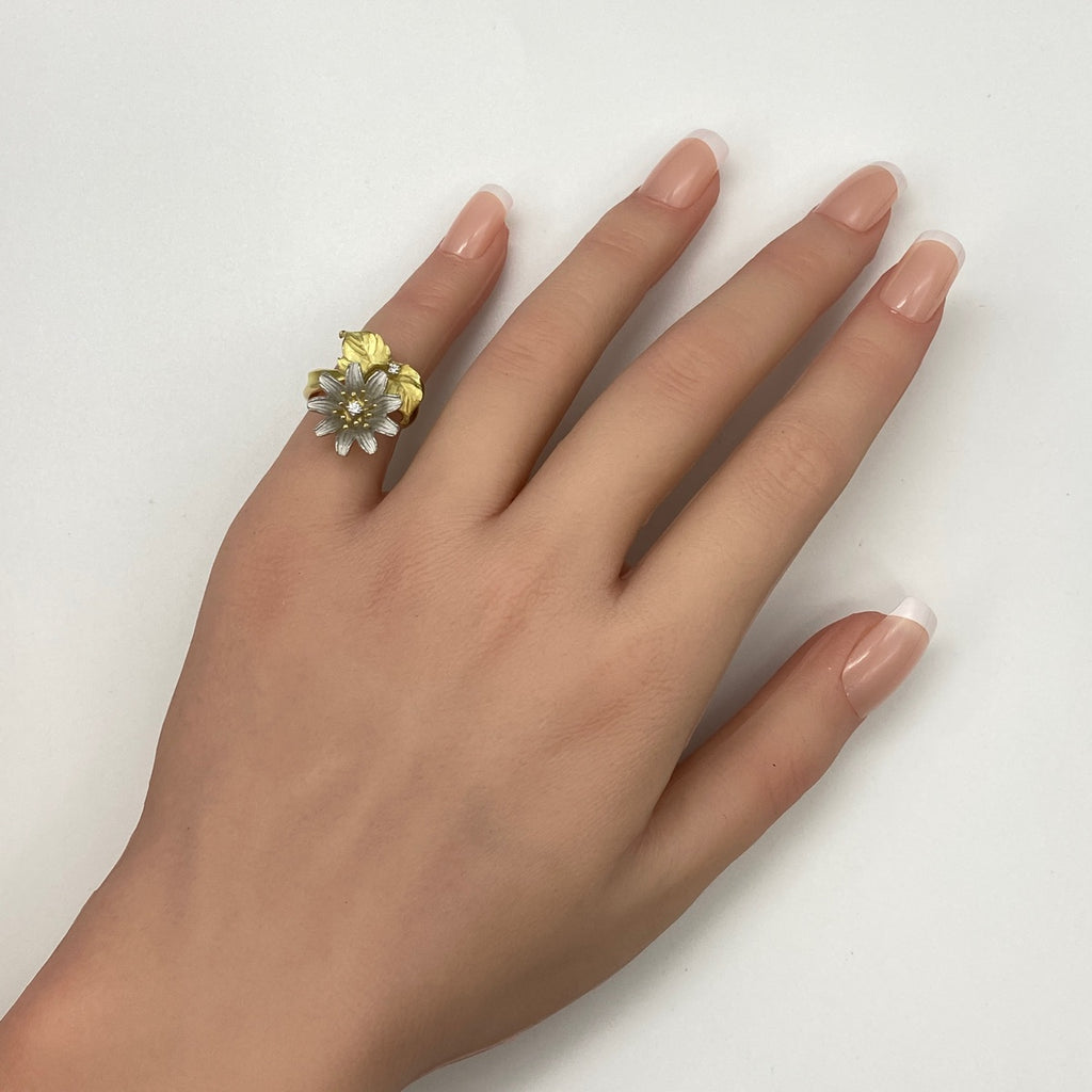 石川暢子 フラワーモチーフ デザインリング YG イエローゴールド プラチナ 指輪 メレダイヤ リング 8.5号 K18 Pt900 ダイヤモンド レディース 【中古】brjwl