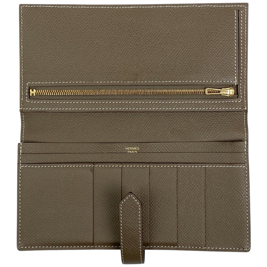 エルメス ベアン クラシック 二つ折り Ｈロゴ 長財布 ヴォーエプソン エトゥープ C レディース 【中古】brbag